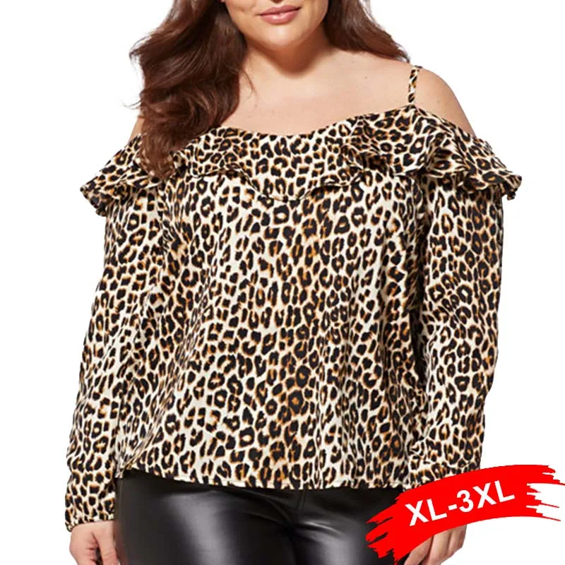 

Plus Size Ruffles Pleated Sexy Leopard Print Off Shoulder Strap Blouse Shirt 3XL 4XL Long Sleeve Streetwear Summer Top Female