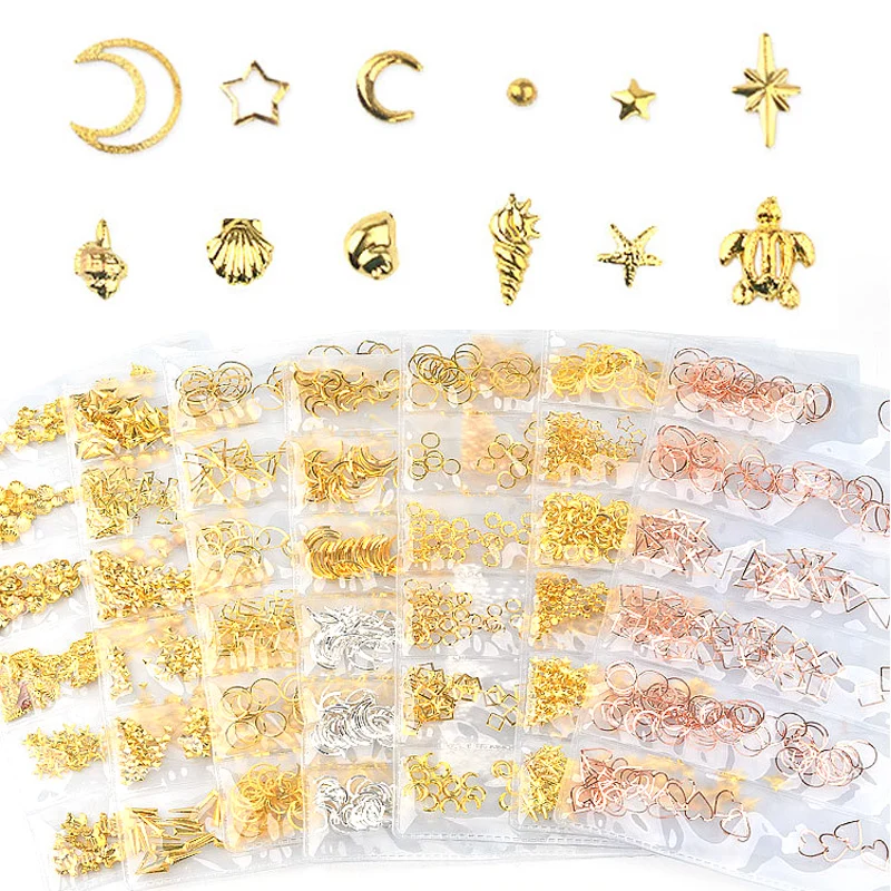 

Nail Art Decoration Rivets Rose Gold Silver Star Moon Shell Round Square Triangle Love Frame Metal Parts DIY manicure mixed size