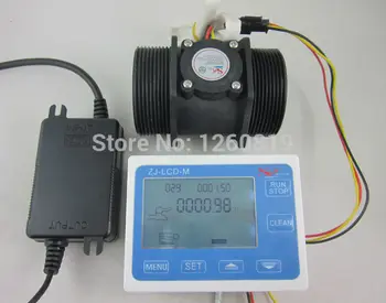 

G2" 2 inch Flow Sensor Water Flow Meter 10-200L/min+LCD Display Flow Meter Quantitative Controller+DC24V Power Adapter Supply