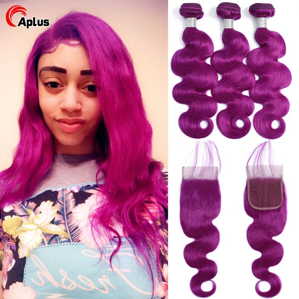

Aplus Purple Bundles With Closure Remy Peruvian Body Wave Ombre Pre Colored Bundles With Closure Pre Plucked With Baby Hair