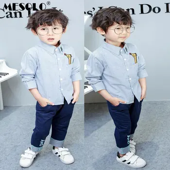 

MESOLO Han edition in the fall of 2019 the new boy girl suit cartoon fawn shirt jeans pocket 2 piece suit