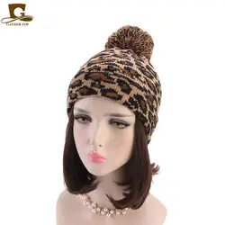 Зимние Для женщин шапка берет Leopard вязать Шапки с помпоном из искусственного меха Трикотажные Кепки