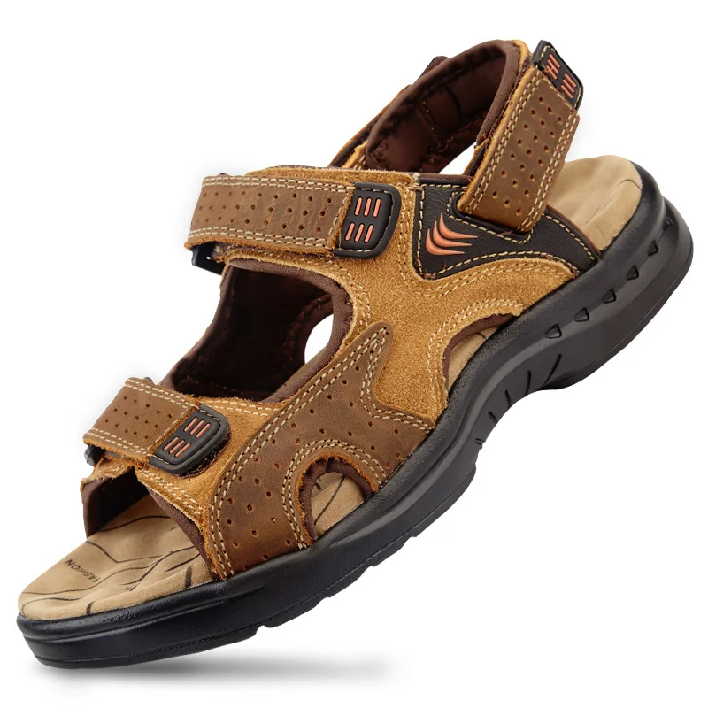 Летние мужские сандалии из натуральной кожи; пляжные шлепанцы на плоской подошве ручной работы; Роскошные дышащие летние туфли из воловьей кожи - Цвет: Brown
