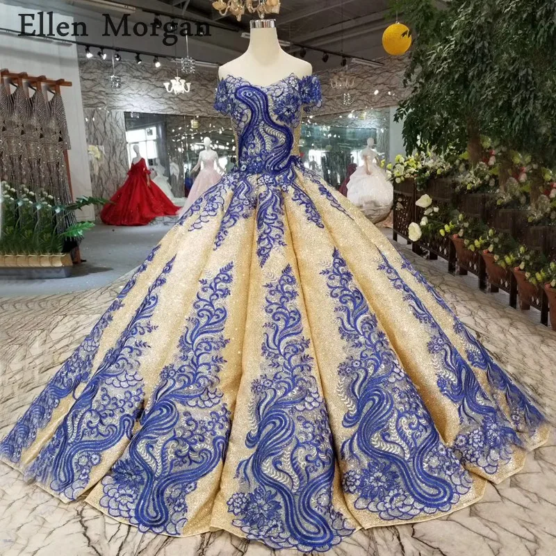 Elegant Glitter Gold Wedding Dresses 2019 Custom Made Off Shoulder
