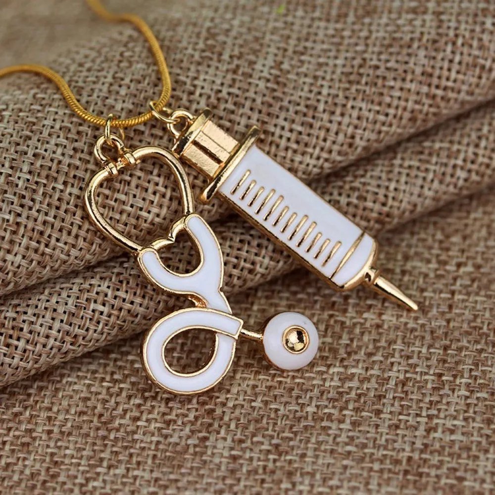 

Trendy Metal Alloy Necklaces Medical Stethoscope Syringe Hospital Style Pendant Necklace For Nurse Doctor Visiting Patients