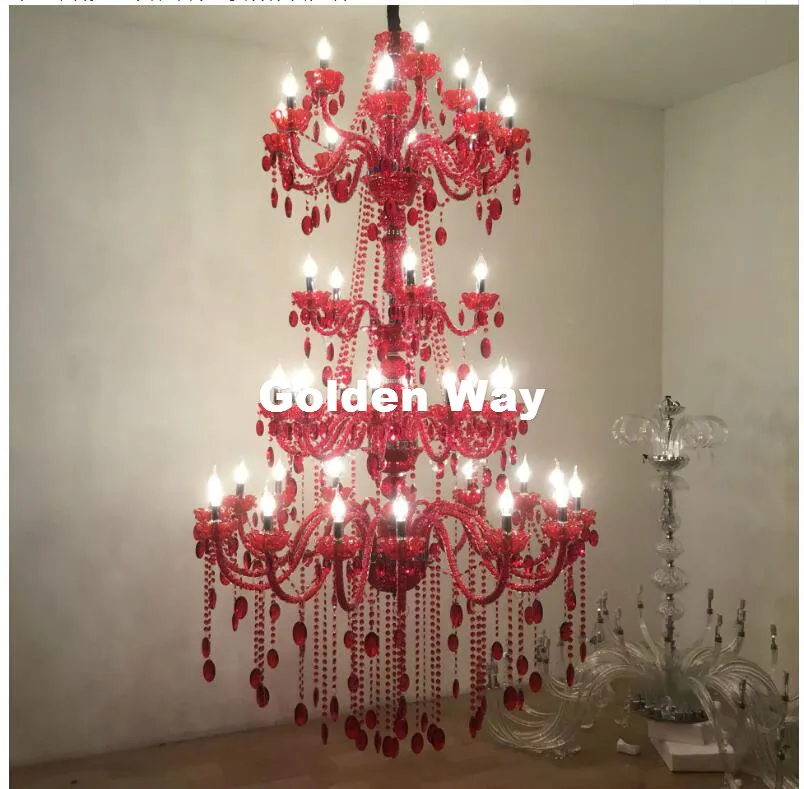 Morden 5 Layers 42 Arms Large Red Crystal Chandelier Stair Long Crystal