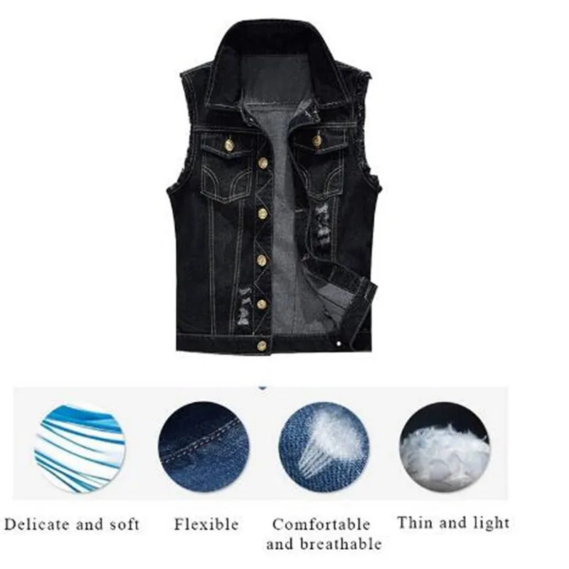 Slim Male Jeans Sleeveless Jacket Vest Men Plus Size 6XL Black Denim Jeans Vest Male Cowboy Outdoors Waistcoat Mens Jacket