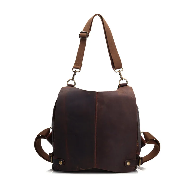 

Nesitu Vintage Grey Brown Canvas Women Backpacks Crazy Horse Leather Shoulder Bags Men Backpack Real Skin Travel Bags #M1061