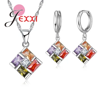 

Gorgeous Rainbow CZ Pendente Charm Original 925 Sterling Silver Wedding Jewelry Sets Women Pendant Necklace Hoop Earrings
