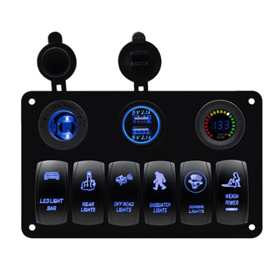 

6 Gang Car Marine Boat Rocker Switch Panel Overload Protection Voltmeter Cigarette Socket Double USB Power Charger Waterproof