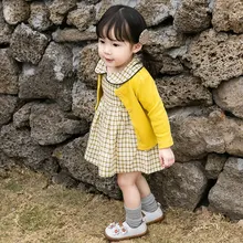 Весенне-осеннее Новое клетчатое платье с длинными рукавами+ пальто хлопковое платье принцессы с воротником милое платье для девочек 0-4 лет