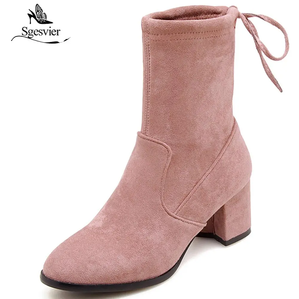 Sgesvier Fashion Ankle Boots Round Toe Thick High Heel Zipper Solid Color 2018 Sexy Women Bowtie Casual Shoes OX524 | Обувь