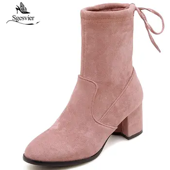 

Sgesvier Fashion Ankle Boots Round Toe Thick High Heel Zipper Solid Color 2018 Sexy Women Bowtie Casual Boots Shoes OX524