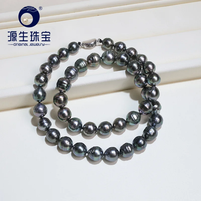 [YS] 8.5-10mm Black Green Natural Cultured Tahitian Saltwater Pearl Necklace Real Product Pictures