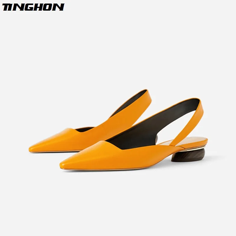 

TINGHON Women Wood Heel Slingback Sandals Women Sexy Pointed Toe Flat Sandals Women Slip on Solid Orange Sandals
