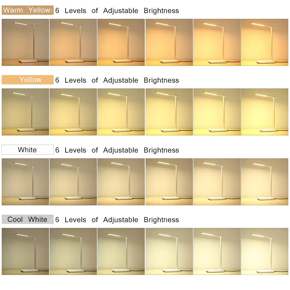Светодиодный настольный светильник, настольная лампа, складной, удобный для глаз, 4 светильник, цветовая температура, книжный светильник с беспроводным настольным зарядным устройством, зарядка через usb