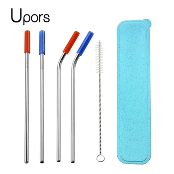 

UPORS 304 Stainless Steel Straw with Removable Silicone Tips Food Grade Reusable Drinking Metal Straws Cover Wholesale