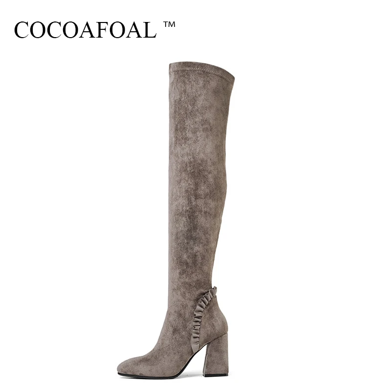 

COCOAFOAL Winter Fashion Nubuck Leather Thigh High Boots Genuine Leather Over The Knee Boots Black Women High Heeled Shoes 2018