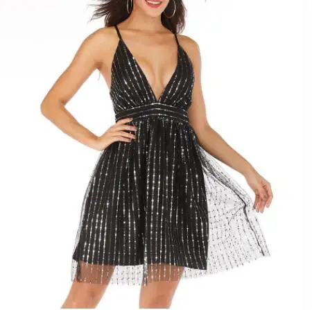 

Deep V Neck Silver Line Backless Sexy Dress Women Off Shoulder Mini Dress Short Christmas Party Club Strap Dresses Vestidos