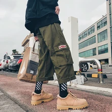 Осенние новые мужские модные повседневные свободные карманные однотонные брюки карго длиной до щиколотки с эластичной резинкой на талии прямые брюки мужские M-2XL