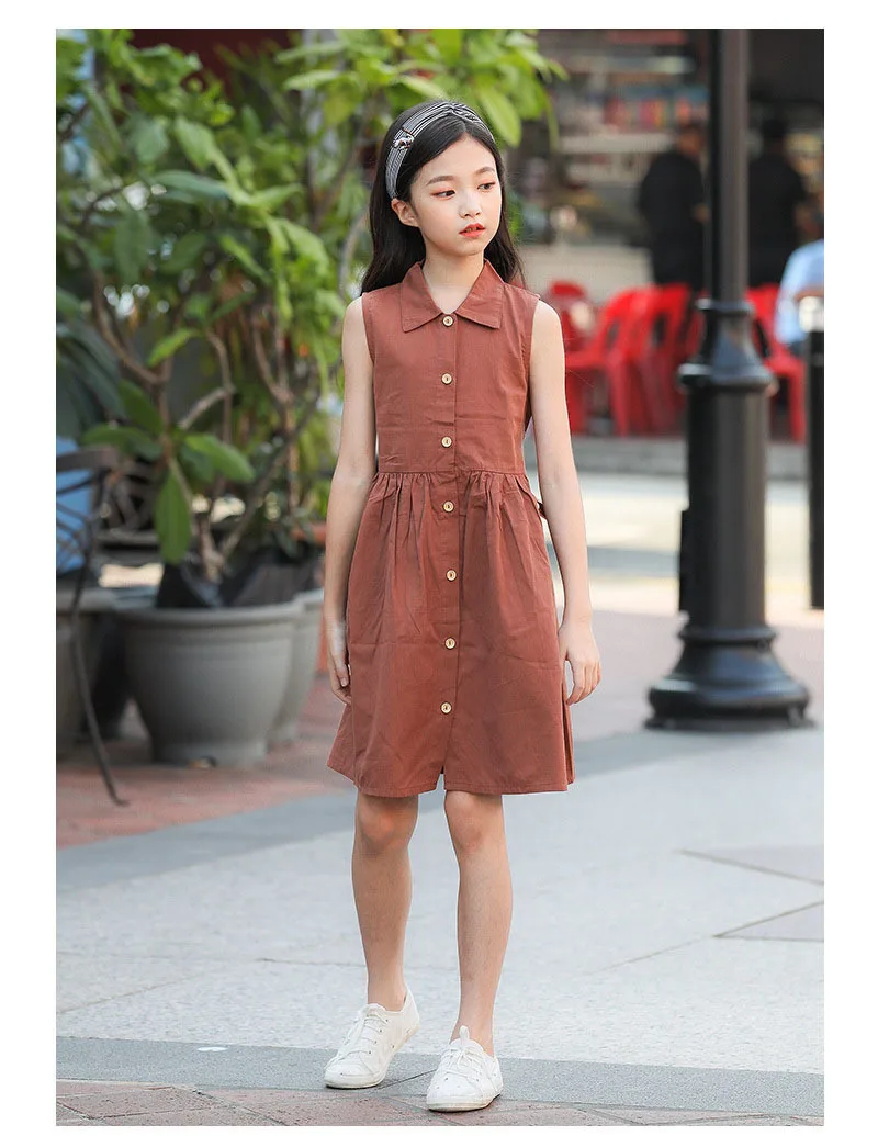 White Khaki Sashes Sleeveless Cotton Blouse Dress Baby Big Girls Casual Dresses Clothes Kids Single Breasted Summer Infant Dress (12).jpg