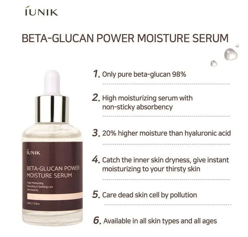IUNIK Beta Glucan power Moisture serum 50 мл глубокое увлажнение Крем Сыворотка для лица увлажняющий, против морщин отбеливающая эссенция для лица