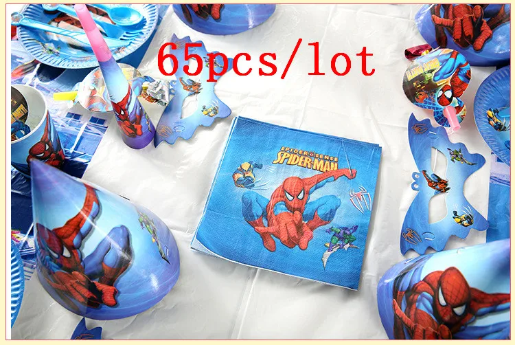 

Spider-Man Theme Design 65Pcs/Lot Tableware Kid Happy Birthday Party Paper Cup Plate Blowout Baby Shower Cartoon Banner Supply