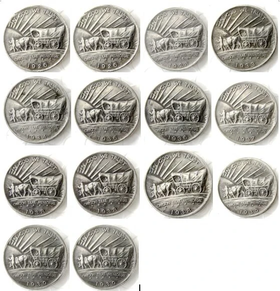 

Whole Set of US COMMEMORATIVES 14PCS (1926-1939) 50C OREGON TRAIL HALF DOLLARS SILVER PLATED COPY COINS