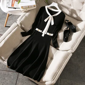 

Elegant bow collar women fashion knit dress cute buttons a-line long sleeve dresses new 2018 autumn winter black white