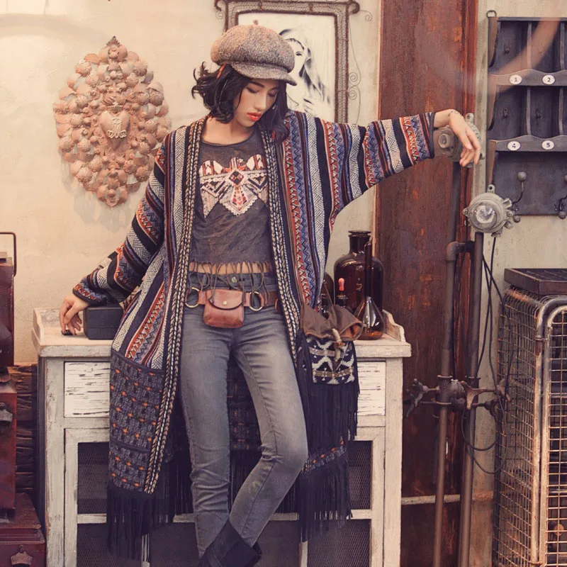 

Aporia.AS Vintage Indian National Trend Embroidery Tassel Blends Woolen Patchwork Casual Plus Size Loose Cardigan Long Outwear