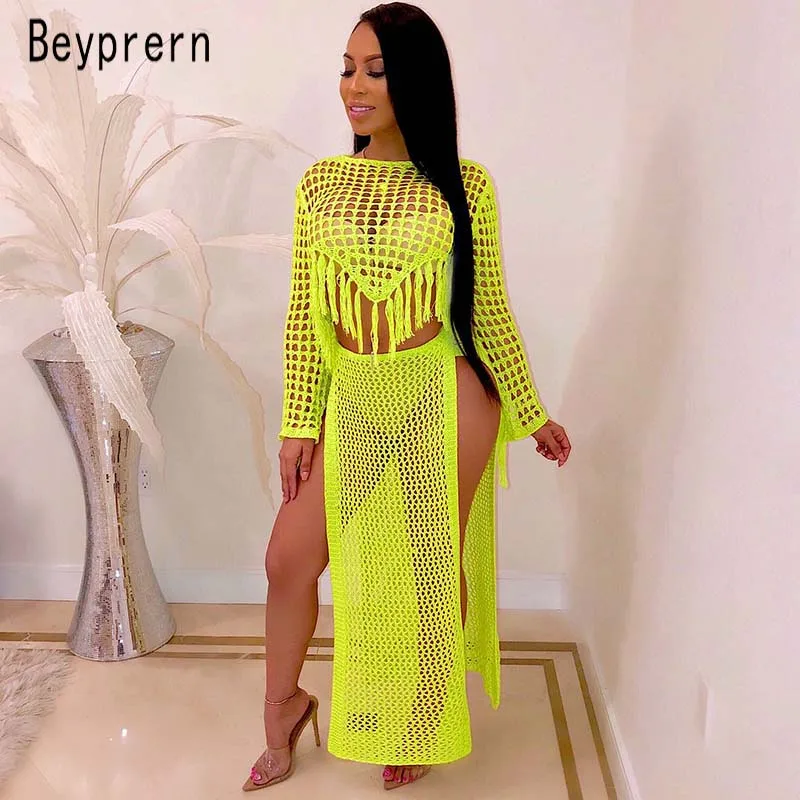 

Beyprern Women Long Sleeve Tassel Fringe Knitted Crochet Maxi Skirt Set Fashion High Slit Fishnet Cover-Up Bikini Set 2 Pieces