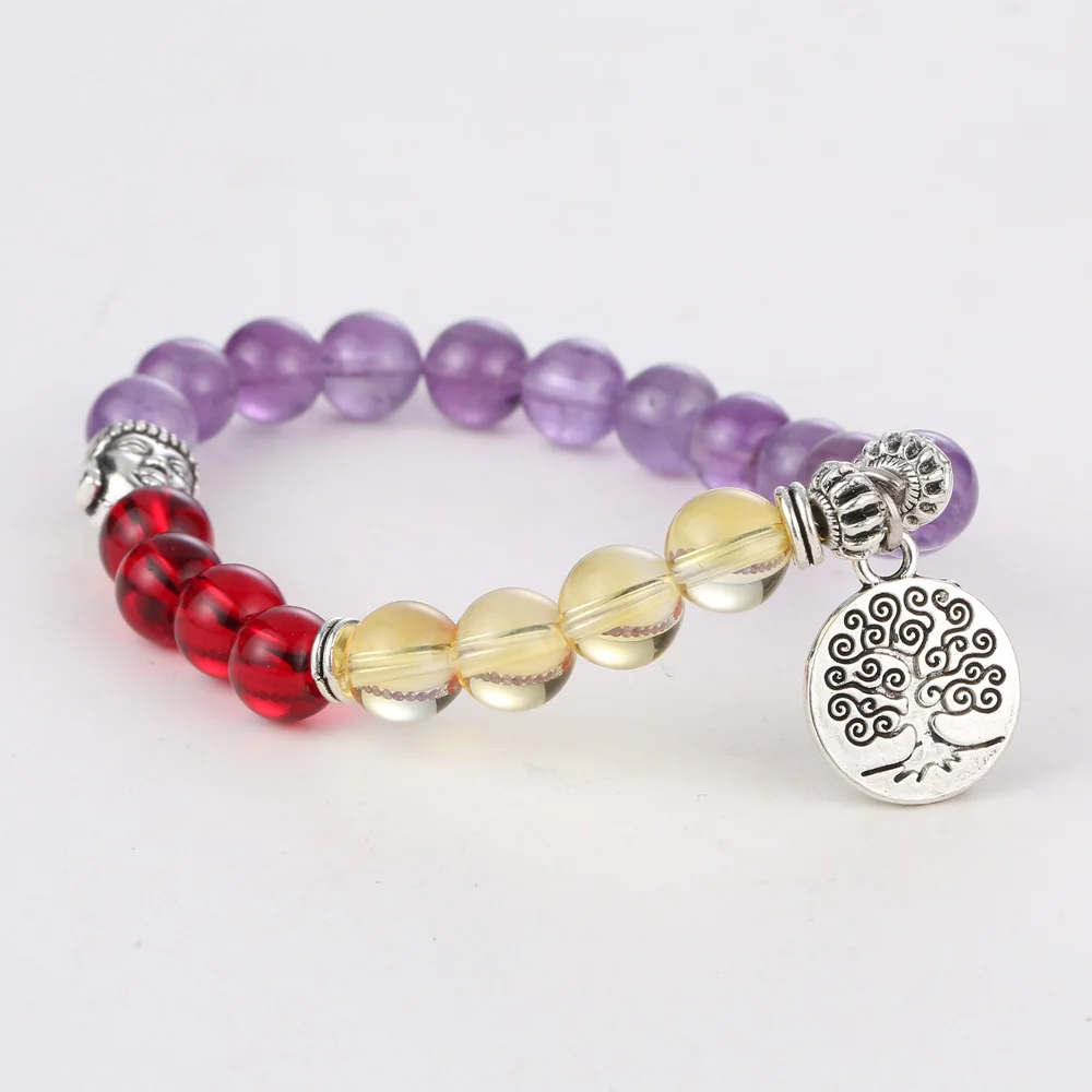 

Drop shipping Natural stone lavender amethysts+red quartz+yellow bracelet with Tree of Life pendant and Buddha head bracelets