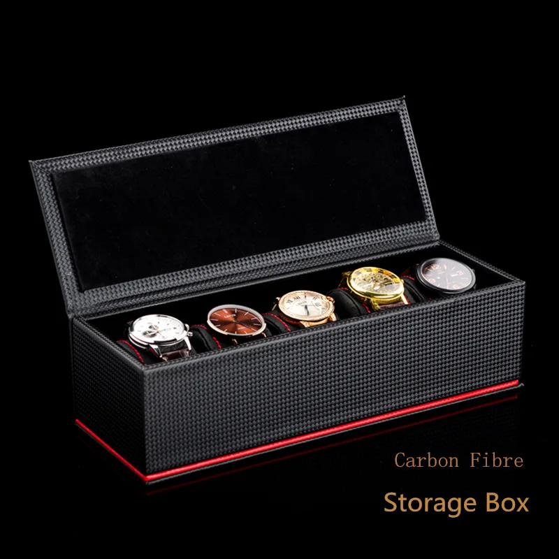 New 5 Slots Leather Watch Storage Box Case Black Carbon Fibre Watch