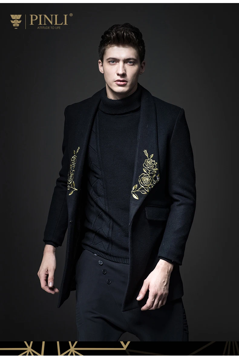 Новое повседневное мужское зимнее длинное шерстяное пальто с вышивкой, черный цвет, S174102113