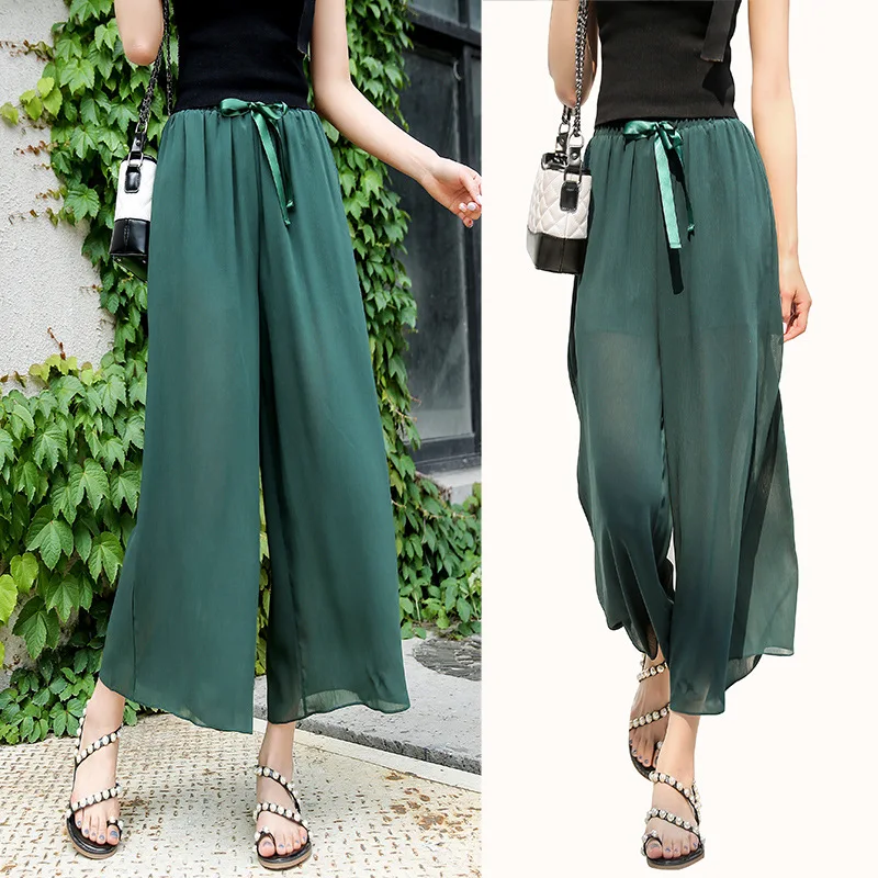 Summer 2019 Breathable Thin Folded Ice Silk Chiffon Wide-legged Pants Women's Nine-minute Pants and Eight-minute Pants Women Summer 2019 Breathable Thin Folded Ice Silk Chiffon Wide-legged Pants Women's Nine-minute Pants and Eight-minute Pants Women