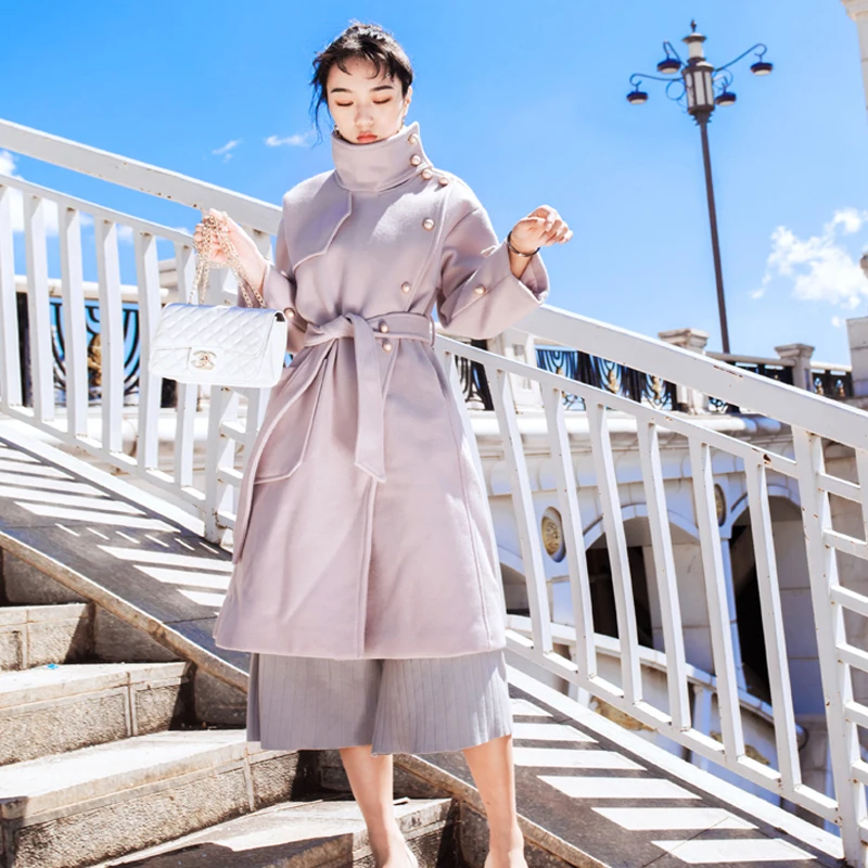 

HANZANGL Newest Winter Wool Coat Women Solid Pearl Buckle High Collar Double-faced Woolen Cashmere Coats Belted Long Outwear