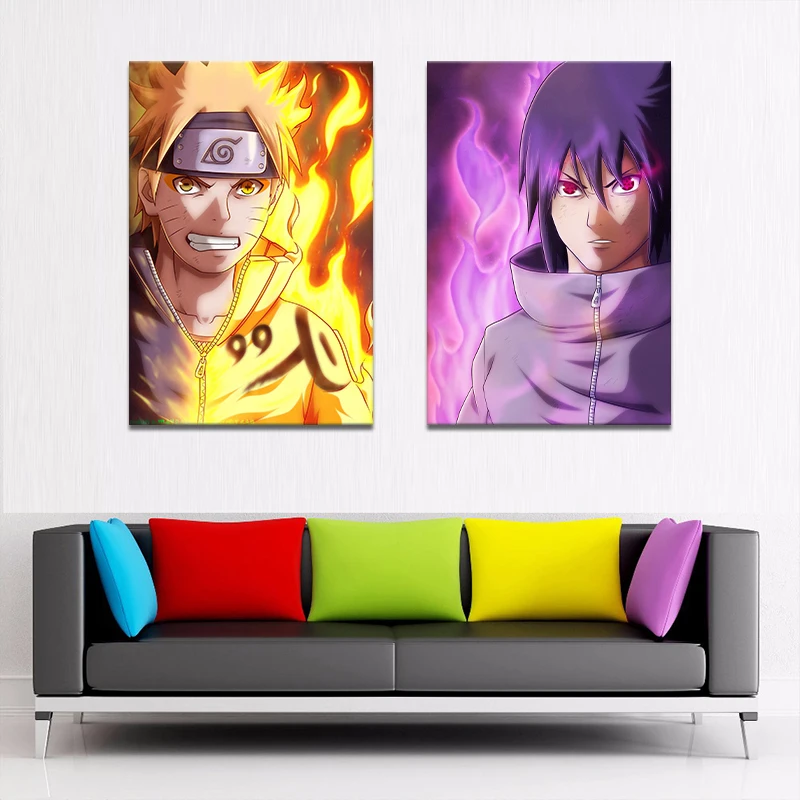 2 панели аниме Рисунок постер Naruto Саскэ Утиха и Наруто Узумаки стены стикеры домашний Декор стены книги по искусству изображение