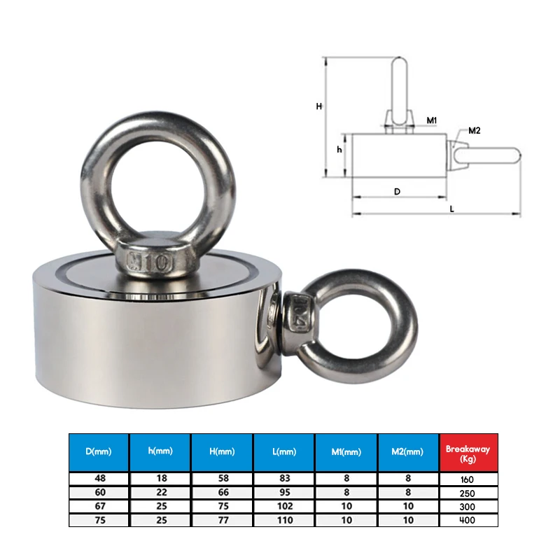 SWILET 160/250/300/400 кг двухсторонний сильный поврежденный магнит глубокое море поврежденный рыболовный крючок неодимовый магнит+ 10 м веревки+ 2 Болт с проушиной