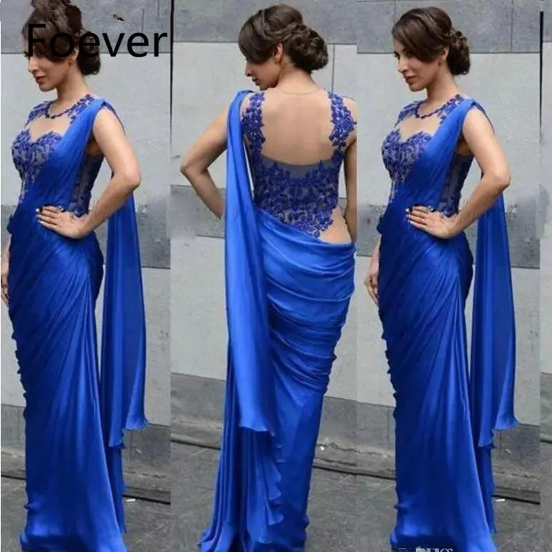 modest prom dresses Elegant Royal Blue Evening Dresses 2019 Lace Appliques Prom Dresses Vestido De Festa Pleated Long Evening Gowns long sleeve prom dresses Prom Dresses