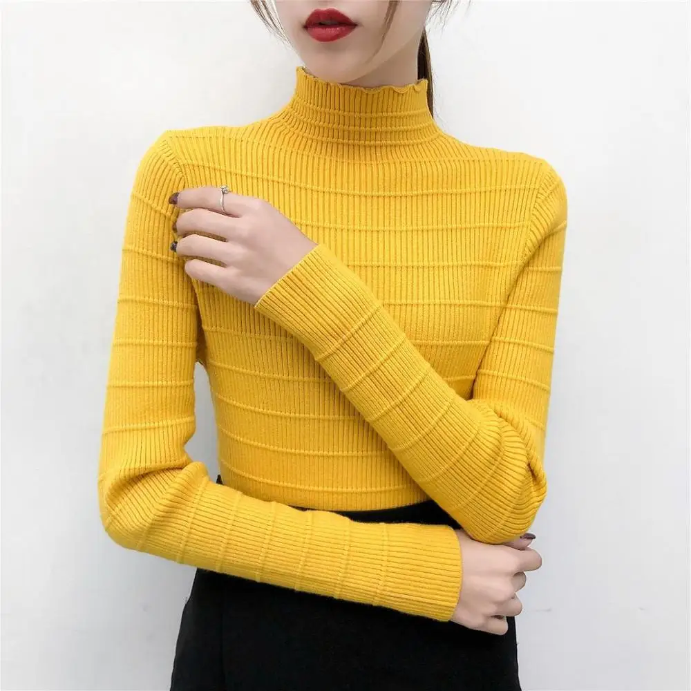 Gkfnmt женский свитер очень эластичный однотонный Водолазка Осень Зима модный свитер женский тонкий сексуальный Высокий вязаный пуловер - Цвет: Цвет: желтый