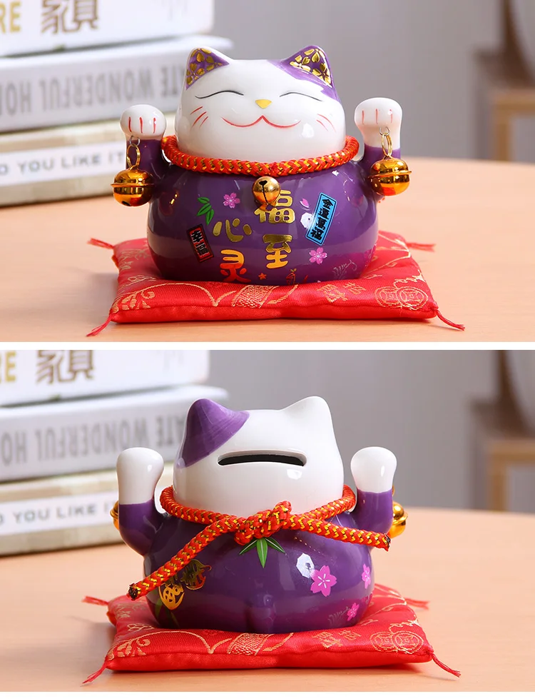 Foto Maneki Neko (Gato de la suerte) de cerámica color violeta para la buena suert Foto Maneki Neko (Gato de la suerte) de cerámica color violeta para la buena suerte