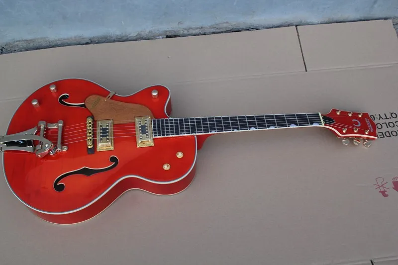 Free Shipping maple TOP Left handed gretsch Falcon 6120 Semi Hollow with Bigsby Tremolo Orange Red Electric chrome hardware 15-9