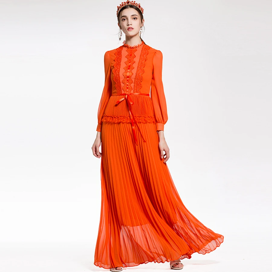 Luxury XXL Women Vestido Dresses 2018 Spring Runway Fashion Lace Ruffles Bow Patchwork Lantern Long Sleeve Pleated Maxi Dress
