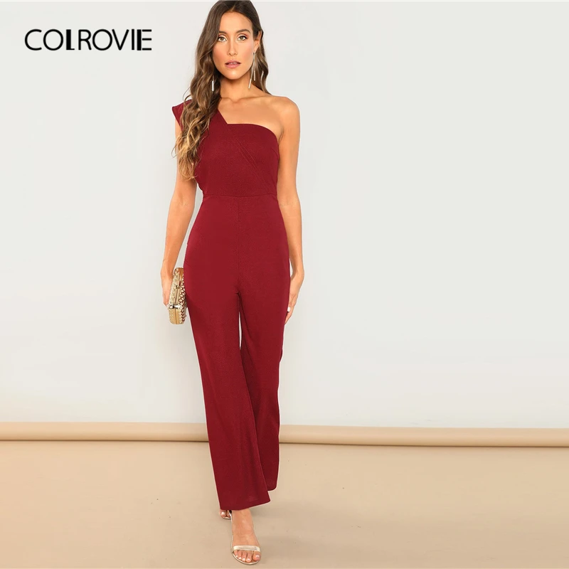 

COLROVIE Burgundy Solid Christmas One Shoulder Flared Elegant Jumpsuit Women 2019 Spring Sleeveless Office Sexy Skinny Romper