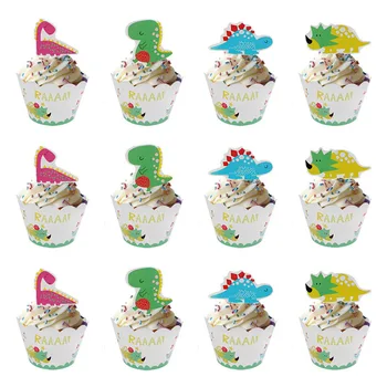 

24pcs Birthday Dinosaur Party Cupcake Toppers Wrapper Cartoon Animal Cake Decorating Baby Shower Birthday Party Decorations Boy
