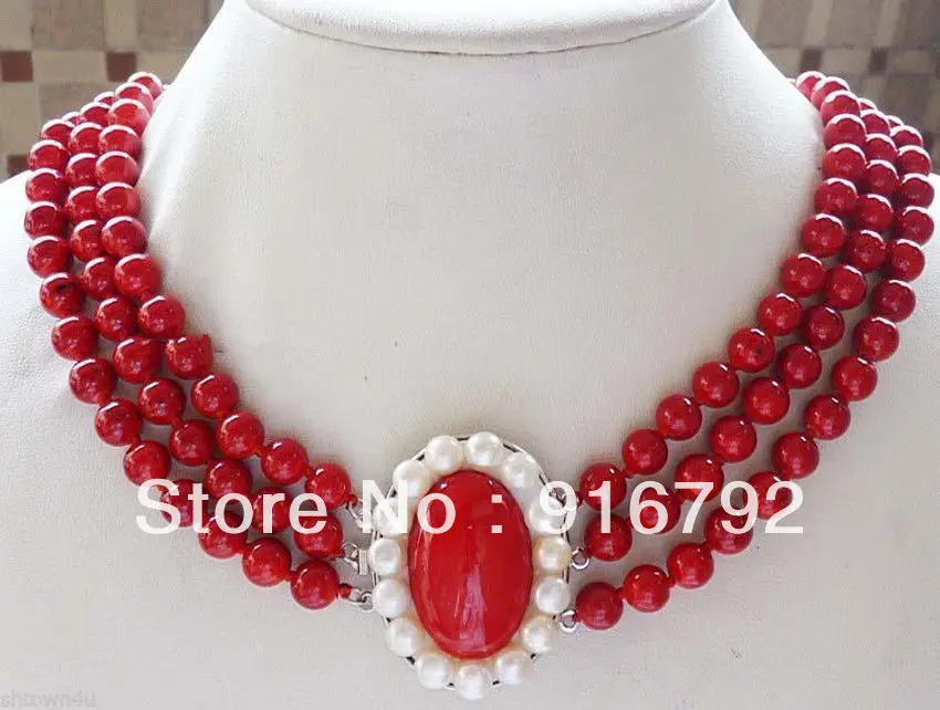 

Charming !3 Row 8mm Red coral Necklace 17-19