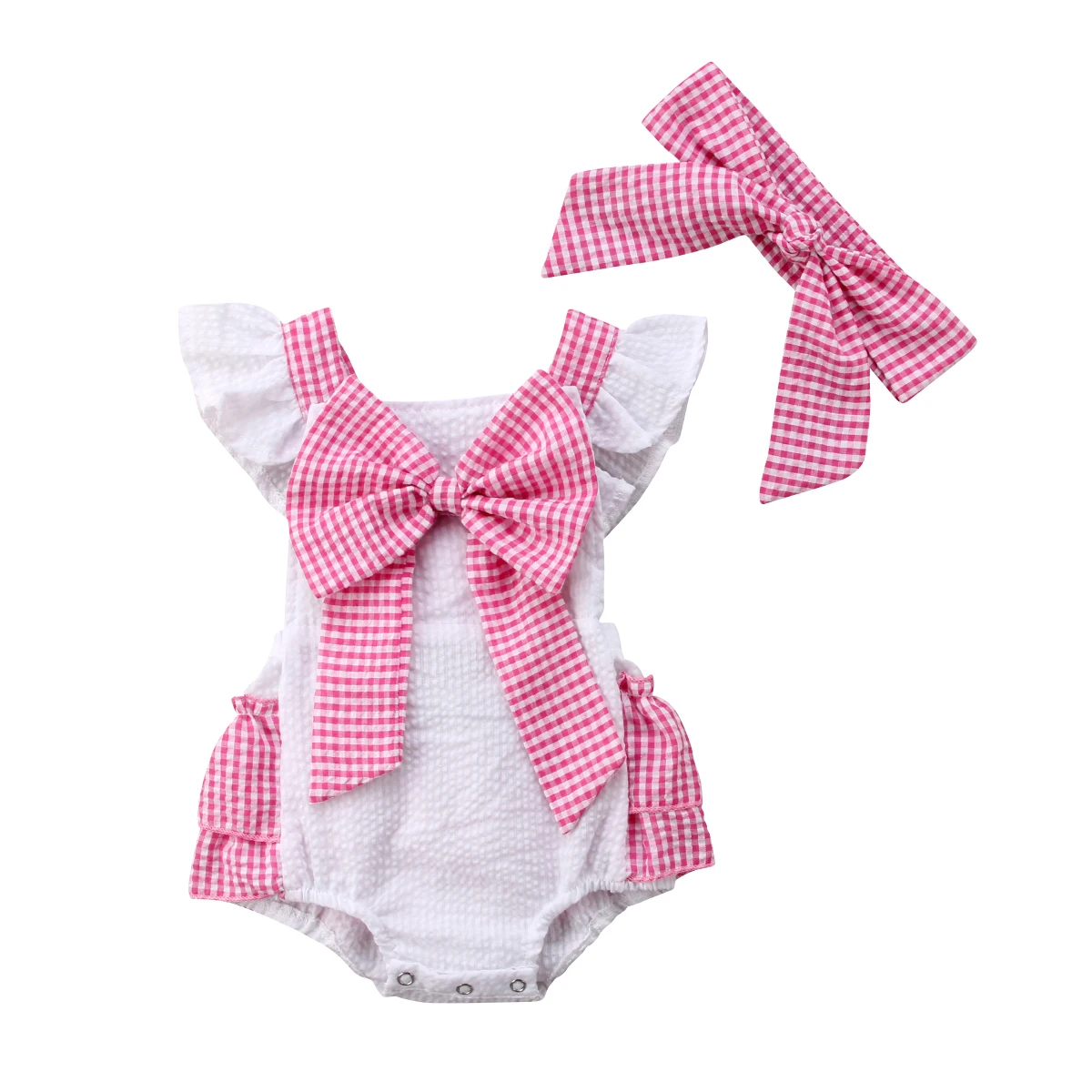 

Pudcoco 2018 Princess Newborn Baby Girls Pink Bowknot Plaid Rompers + Headband Infant Baby Jumpsuit overalls