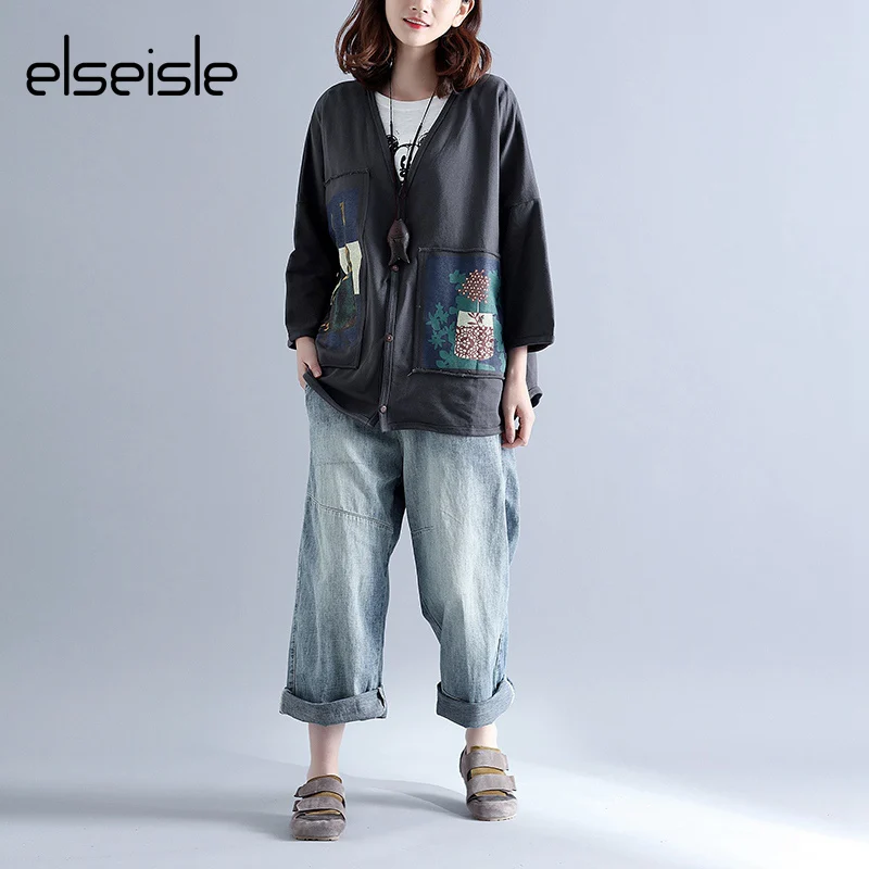 

elseisle 2017 New Patchwork Women Jacket Cotton Coat Female Vintage Printed Loose Japan Casual Black Coat Bomber Jacket Women