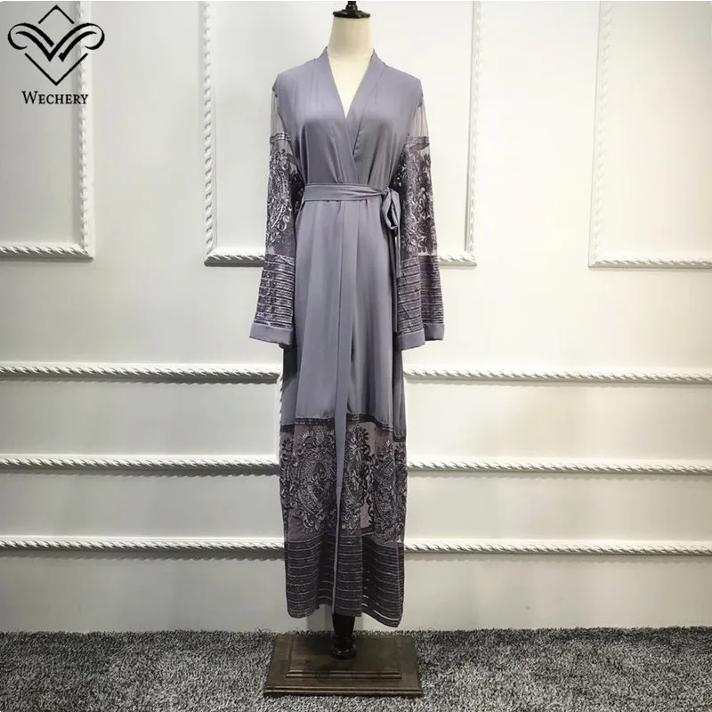 Wechery/модное кимоно abaya с кружевными вставками, Длинное свободное мусульманское платье макси, мусульманская одежда с цветочным принтом, открытая одежда, большие размеры
