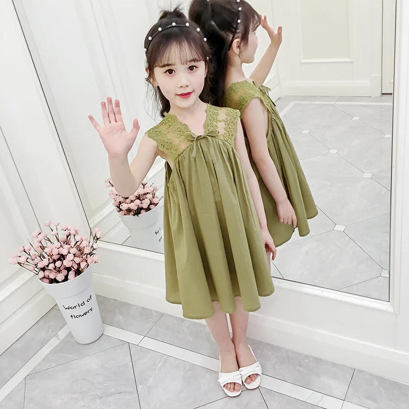 

Girls Solid Dresses Summer Sleeveless Solid Lace Patchwork Loose Dresses Vest Baby Kids Clothes 6 8 10 12 Years Vestidos
